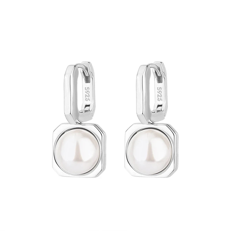 925 Sterling Silver Pearl Hoop Earrings Geometric Jewelry