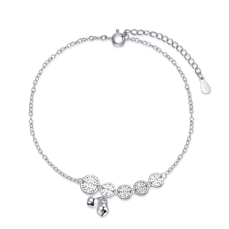 925 Silver Anklet Women Rose Coin Bell Ankles Jewelry Girl Gift