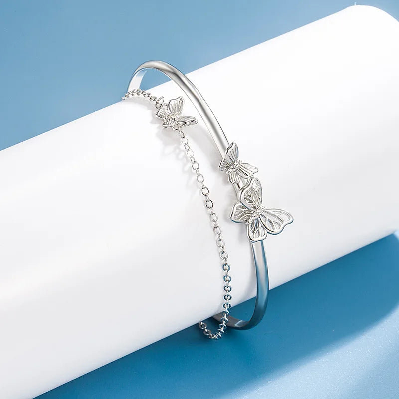 Double Layer Butterfly Bangle 925 Silver Bracelet Lady Birthday Present