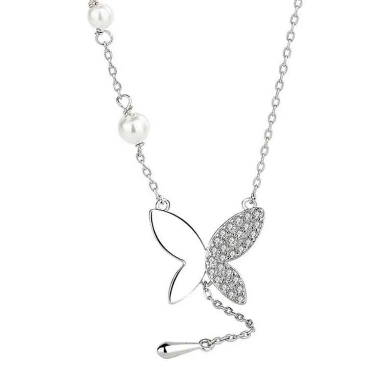 Zircon Butterfly Necklace Water Droplet Tassel Pearl Chain