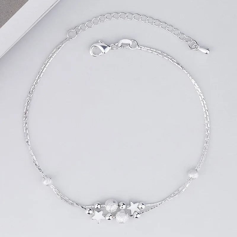 925 Silver Double Chain Anklets Star Beads Foot Jewelry