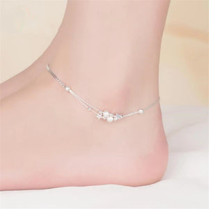 925 Silver Double Chain Anklets Star Beads Foot Jewelry