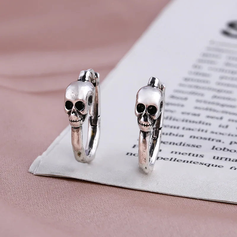 Hip Hop Skull Hoop Earrings S925 Sterling Silver Unisex Jewelry