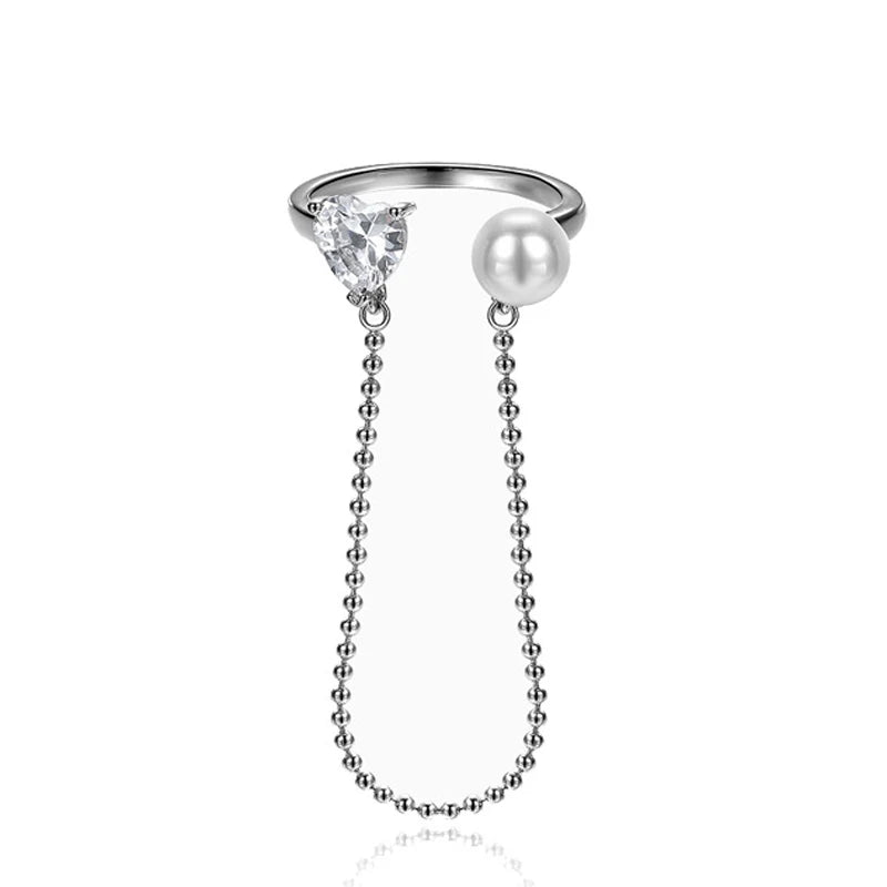 Zircon Heart Pearl Tassel Ring 925 Sterling Silver Jewelry Lady Gift