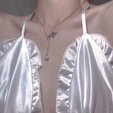 Zircon Square Necklace 925 Silver Long Tassel Mermaid Tail Pearl Clavicle Chain