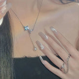 Zircon Square Necklace 925 Silver Long Tassel Mermaid Tail Pearl Clavicle Chain