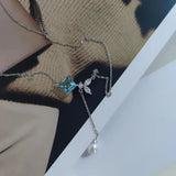 Zircon Square Necklace 925 Silver Long Tassel Mermaid Tail Pearl Clavicle Chain