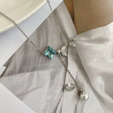 Zircon Square Necklace 925 Silver Long Tassel Mermaid Tail Pearl Clavicle Chain