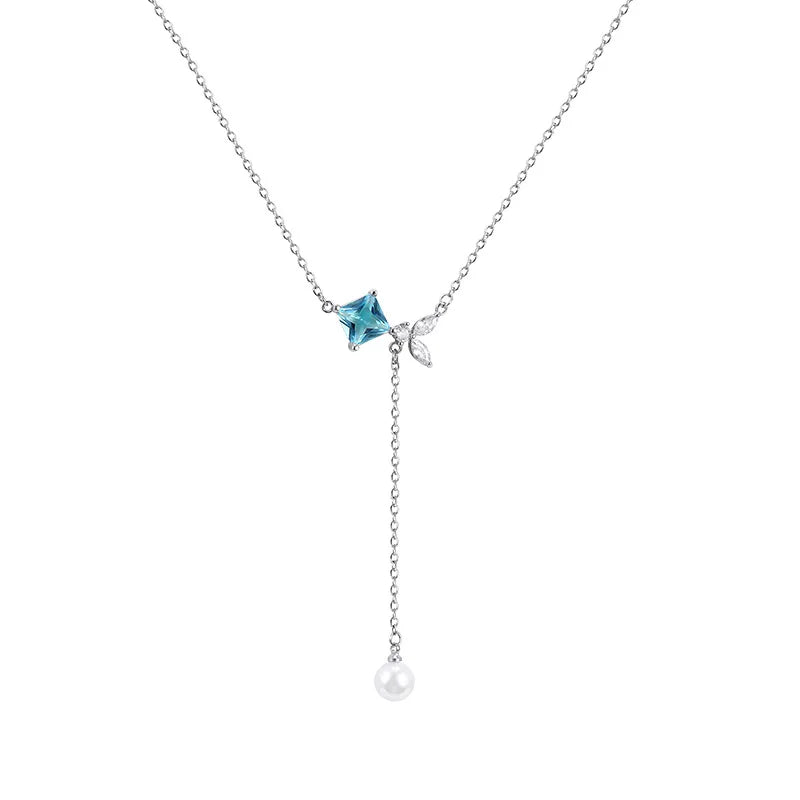 Zircon Square Necklace 925 Silver Long Tassel Mermaid Tail Pearl Clavicle Chain