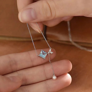 Zircon Square Necklace 925 Silver Long Tassel Mermaid Tail Pearl Clavicle Chain