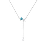 Zircon Square Necklace 925 Silver Long Tassel Mermaid Tail Pearl Clavicle Chain