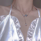 Zircon Square Necklace 925 Silver Long Tassel Mermaid Tail Pearl Clavicle Chain