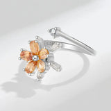Ring Women Open Size Rotate Zircon Flower 925 Sterling Silver Rings