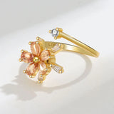 Ring Women Open Size Rotate Zircon Flower 925 Sterling Silver Rings