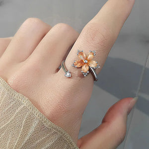 Ring Women Open Size Rotate Zircon Flower 925 Sterling Silver Rings
