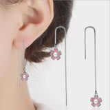 Pink Flower Pearl Tassel Ear Line 925 Silver Earrings Gift