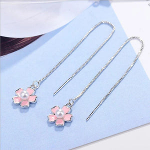Pink Flower Pearl Tassel Ear Line 925 Silver Earrings Gift
