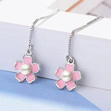 Pink Flower Pearl Tassel Ear Line 925 Silver Earrings Gift