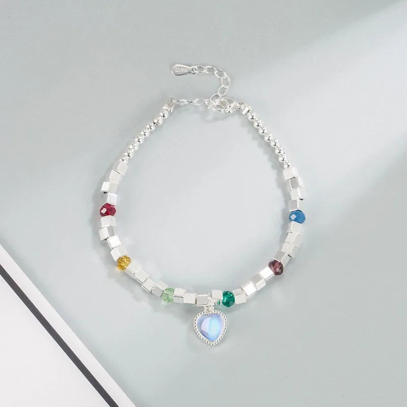 Moonlight Crystal Heart Bracelet Necklace Set 925 Silver Beads Jewelry