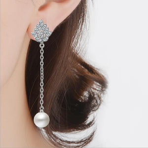 925 Silver Crystal Flower Pearl Long Ear Line Fine Jewelry
