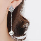 925 Silver Crystal Flower Pearl Long Ear Line Fine Jewelry