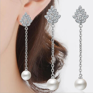 925 Silver Crystal Flower Pearl Long Ear Line Fine Jewelry