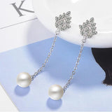 925 Silver Crystal Flower Pearl Long Ear Line Fine Jewelry