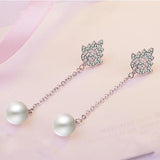 925 Silver Crystal Flower Pearl Long Ear Line Fine Jewelry