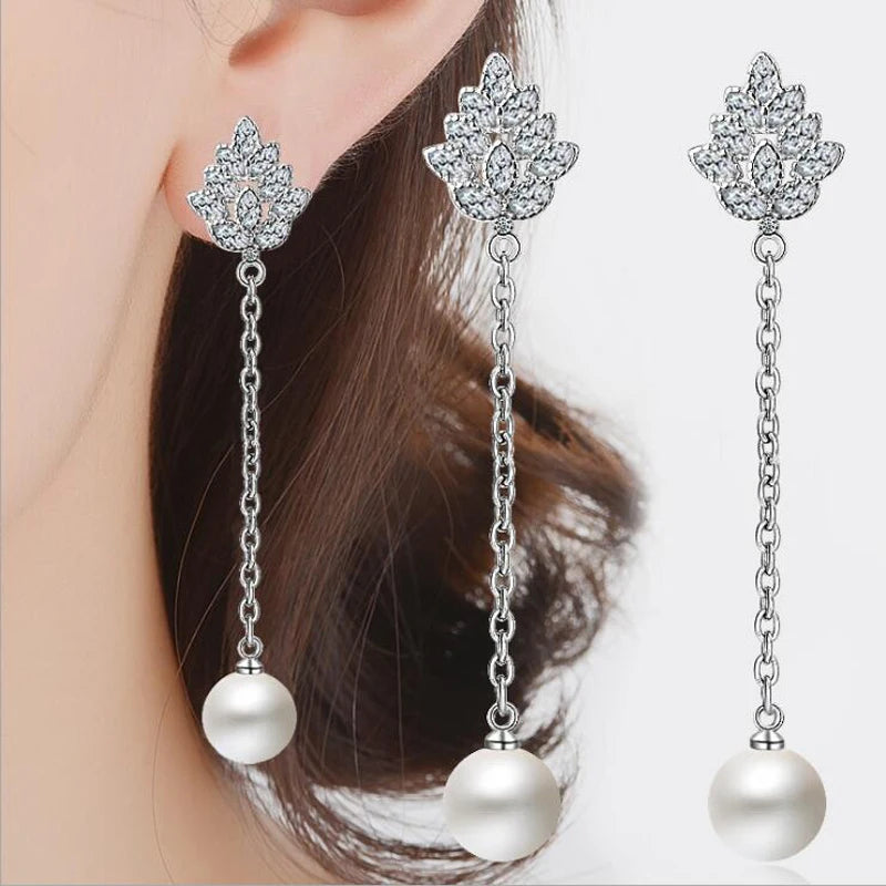 925 Silver Crystal Flower Pearl Long Ear Line Fine Jewelry