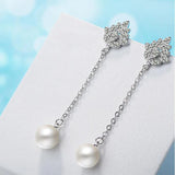 925 Silver Crystal Flower Pearl Long Ear Line Fine Jewelry