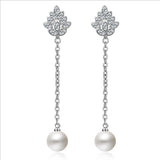 925 Silver Crystal Flower Pearl Long Ear Line Fine Jewelry