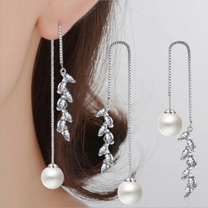 Crystal Leaf Pearl Long Ear Line Earrings