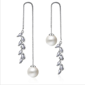 Crystal Leaf Pearl Long Ear Line Earrings