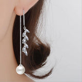 Crystal Leaf Pearl Long Ear Line Earrings