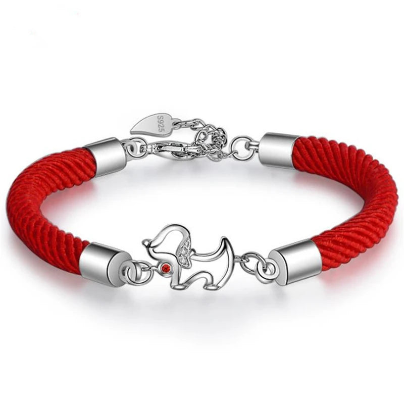 925 Silver Dog Pendant Red Rope Bangle Bracelet for Women