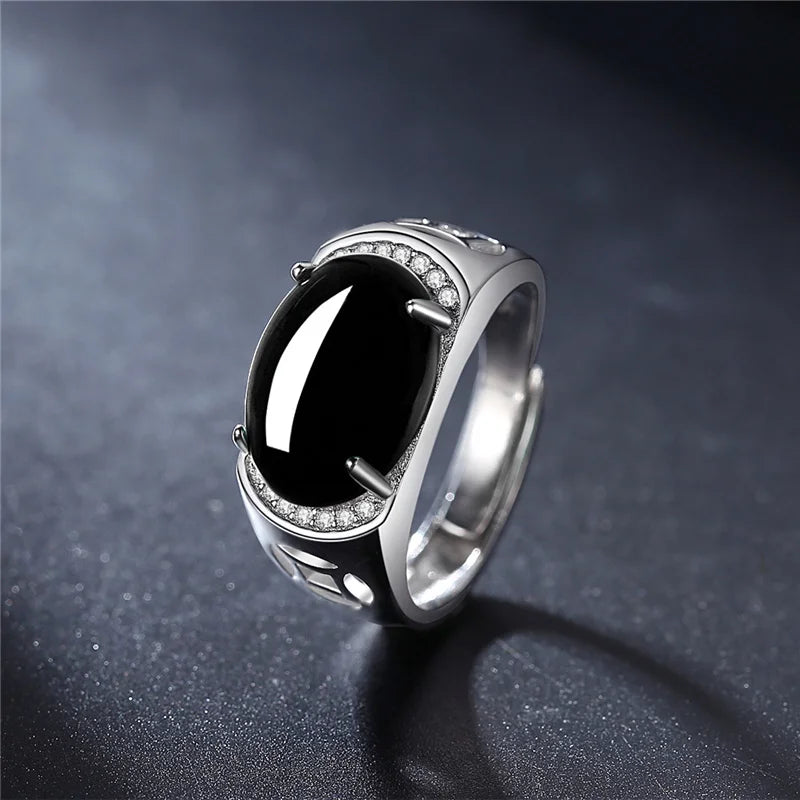 925 Sterling Silver Men's Retro Agate Ring Ethnic Style Male Jewelry