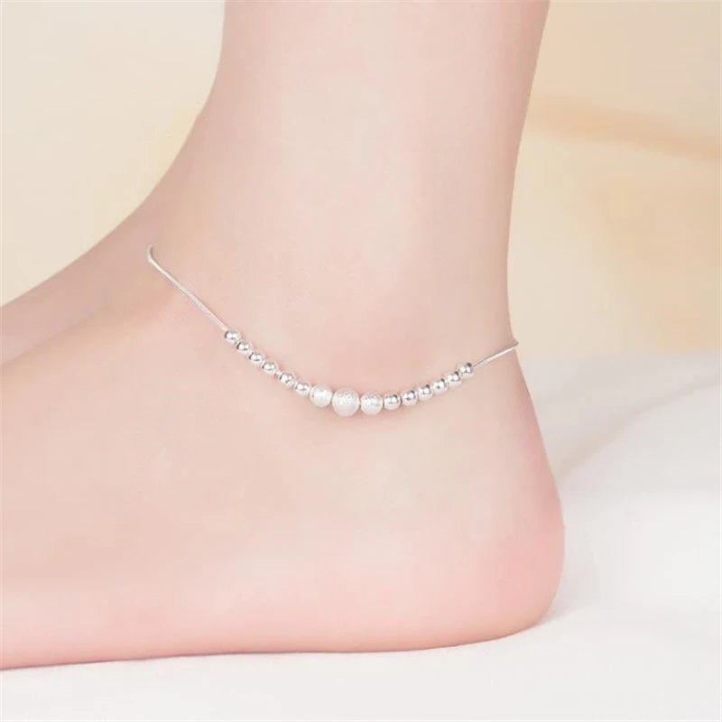 925 Silver Frosted Beads Anklets Women Bracelets Foot Accessories