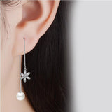 Silver 925 Crystal Flower Pearl Long Ear Line Fine Jewelry