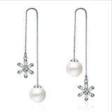 Silver 925 Crystal Flower Pearl Long Ear Line Fine Jewelry