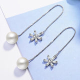 Silver 925 Crystal Flower Pearl Long Ear Line Fine Jewelry
