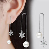 Silver 925 Crystal Flower Pearl Long Ear Line Fine Jewelry