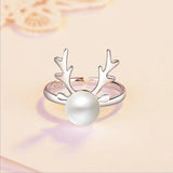 Silver Elk Antlers Pearl Ring for Women Party Jewelry Christmas