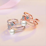 925 Silver CZ Pearl Three-layer Ring Jewelry