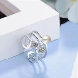 925 Silver CZ Pearl Three-layer Ring Jewelry