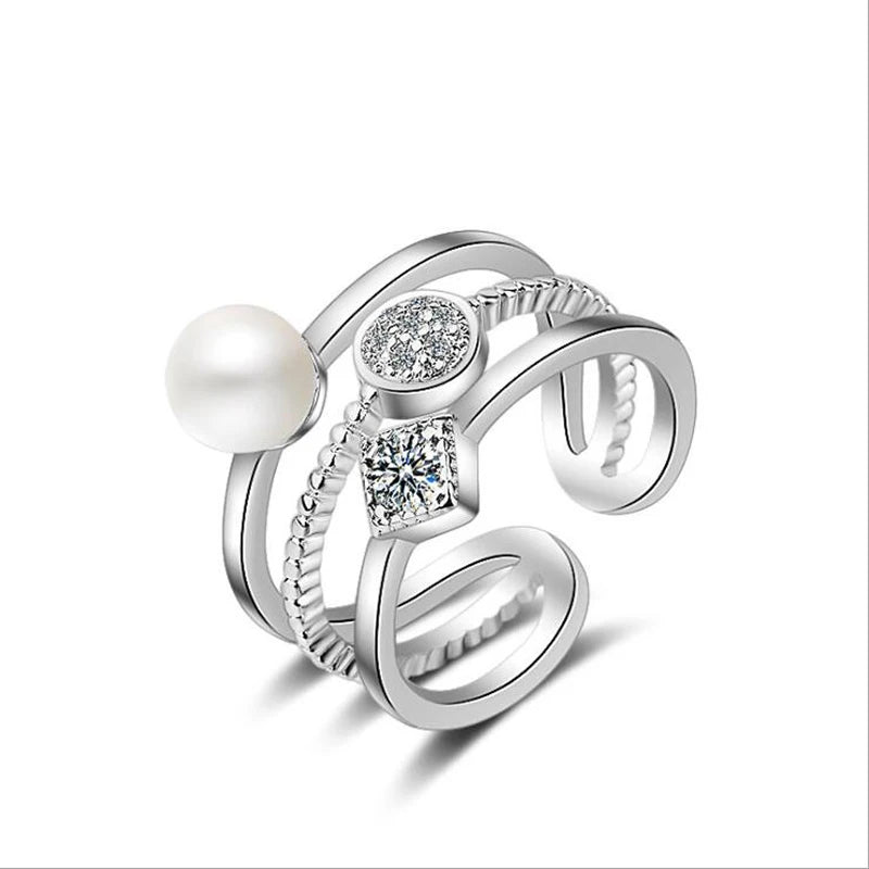 925 Silver CZ Pearl Three-layer Ring Jewelry
