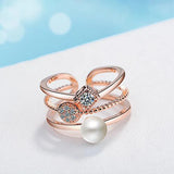 925 Silver CZ Pearl Three-layer Ring Jewelry