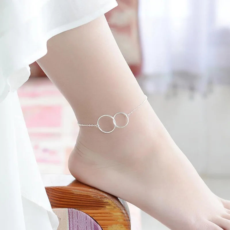 925 Silver Anklets Double Circle Foot Jewelry Lady Beach Party