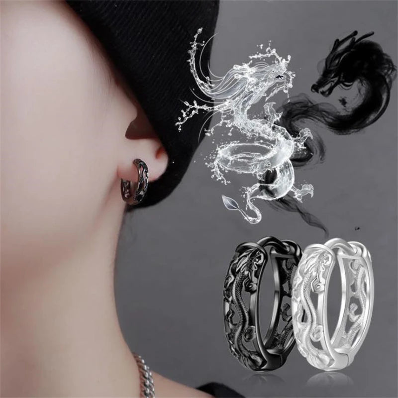 Vintage Punk Hollow Dragon Hoops 925 Sterling Silver Earrings For Men