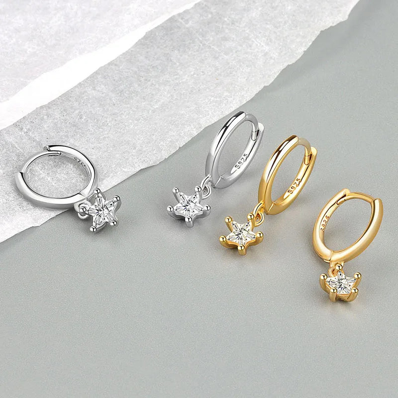 S925 Silver Woman Hoop Earrings Zircon Star Vintage Jewelry