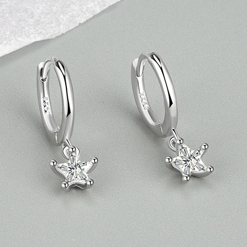 S925 Silver Woman Hoop Earrings Zircon Star Vintage Jewelry